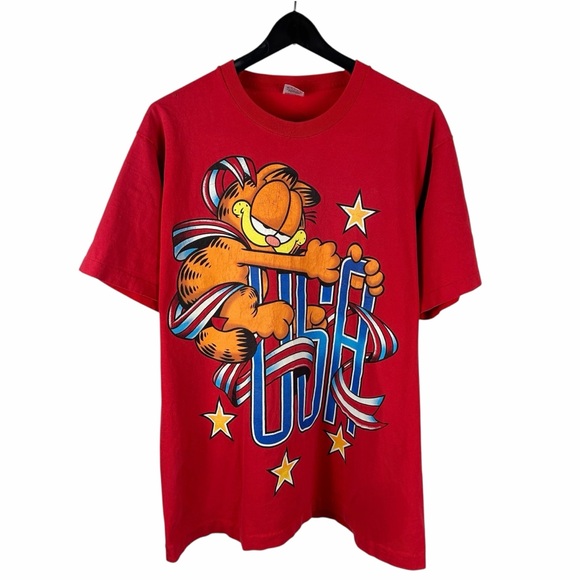 Vintage 90s Garfield The Cat USA Single Stitch Cartoon Graphic Red Shirt Size XL - Picture 1 of 9